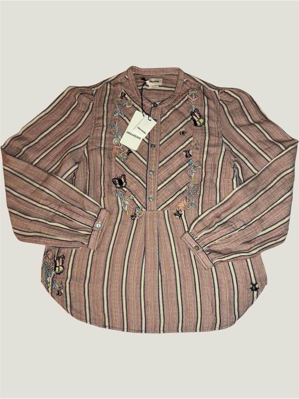 Zadig & Voltaire Teda Japon Pink Striped Cotton Embroidered Butterfly Blouse